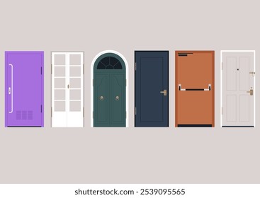 A variety of doors in distinct styles and colors invites curiosity and inspiration, each representing a unique entryway and the stories that lie beyond them, all presented in an artistic arrangement