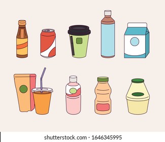 A Variety Of Drinks Sold At Convenience Stores In Asia-Korea. Hand Drawn Style Vector Design Illustrations. 