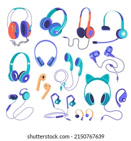 Variety of earphones and earbuds, isolated modern technology for listening music. Headset with microphone for studio entertainment, portable electronic device for fun activity. Vector in flat style