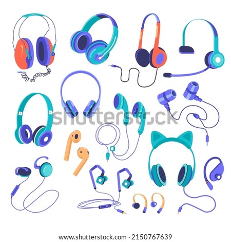 Variety of earphones and earbuds, isolated modern technology for listening music. Headset with microphone for studio entertainment, portable electronic device for fun activity. Vector in flat style