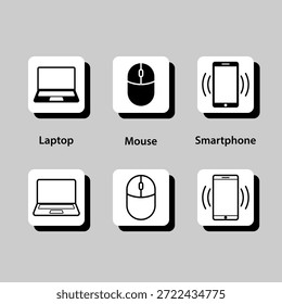Una variedad de dispositivos electrónicos, incluyendo un ordenador portátil, un ratón, un teléfono celular