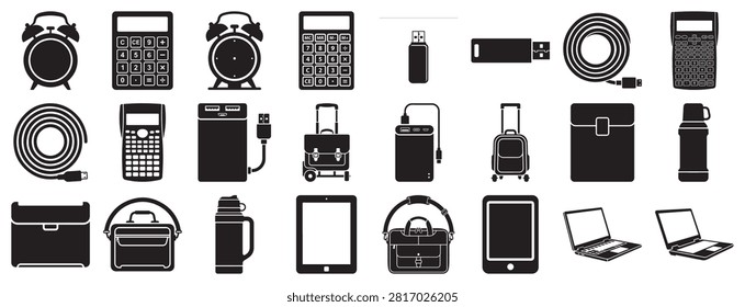 Variety of electronic gadgets in black and white including calculators smartphones tablets smartwatches and remote controls for technology design