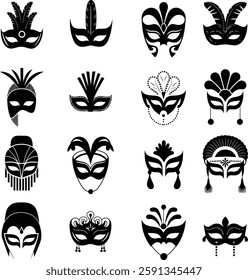 Variety of Elegant and Intricate Black-and-White Mask Designs , silhouette , mardi gras mask, set of mardi gras mask.