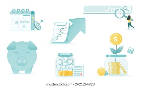 Variety elements and collection of tax payment, plan, strategie management, financial, save money, growth investment and job search. Flache Vektordesign-Illustration.