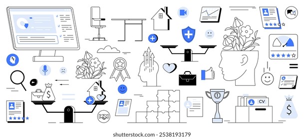 Variedade de elementos, incluindo uma escala de equilíbrio com dinheiro, um computador, documentos, material de escritório, plantas crescendo de uma cabeça, e gráficos. Ideal para produtividade, escritório, tecnologia, negócios