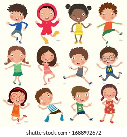 Variety of emotions children, kids face with different expressions, pose, gesture, vector, illustration