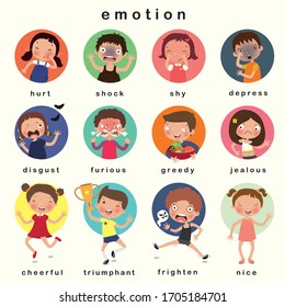 Variety of emotions children, kids face with different expressions. vector, illustration