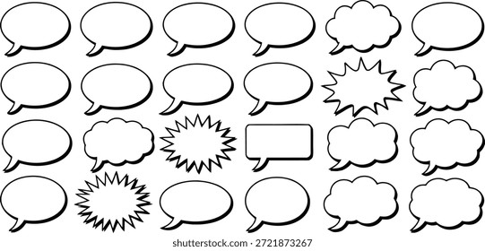 Variety of empty comic style speech, thought, and burst bubbles with black outlines, ideal for communication graphics and text.