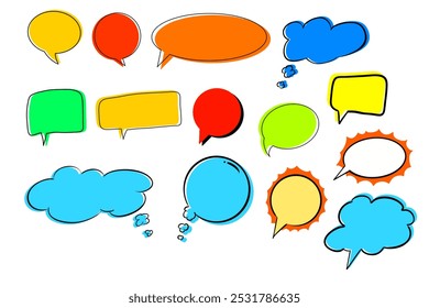 A variety of empty speech and thought bubbles, hand-drawn in different shapes and sizes, often used for dialogues or thoughts in comics.