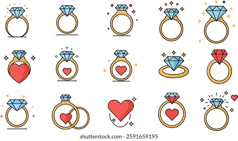 A variety of engagement rings featuring diamonds and hearts, showcasing love and commitment in a playful, minimalistic vector design.