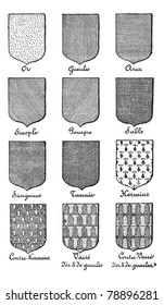 Variety of enterprise enamels used in Heraldry vintage engraving. Old engraved illustration of enamel colors from Heraldry.  Trousset encyclopedia (1886 - 1891)