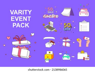 variety event design illustration set. gift box, memo, discount, present, cash, coin. Vector drawing. Hand drawn style.