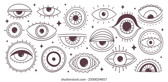 Variety of eyes spiritual esoteric talismans vector illustration. Different esoteric symbols occult amulet hand drawn doodle graphic set isolated on white background. Mystery sacral icons collection