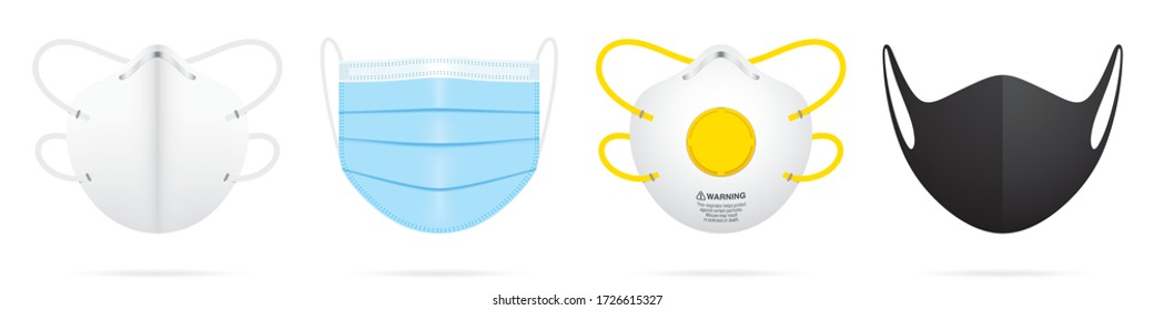 Variety of face masks. Vector illustration of different type corona virus protection masks. Surgical, medical, N95 and fashion masks isolated on a white background. Set of pollution protective masks.