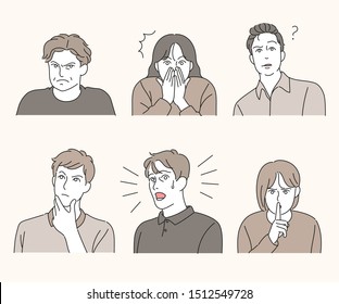 Variety of facial expressions. hand drawn style vector design illustrations. 