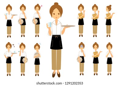 Variety of facial expressions of waitress