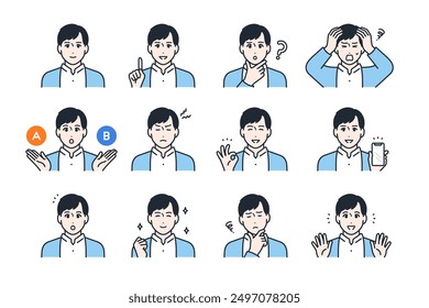 Variety of facial expressions of young man Color icon set