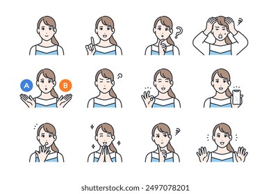 Variety of facial expressions of young woman Color icon set