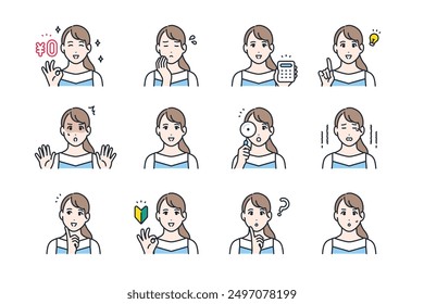 Variety of facial expressions of young women Color icon set