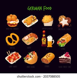 Variety of famous german foods snacks and dishes. Set of isolated vector meal illustrations with names. Traditional cuisine and street food icons.