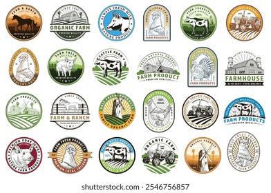 A variety of farm and product badges featuring organic themes agriculture icons and livestock illustrations are arranged together highlighting different farm marketing styles and designs.