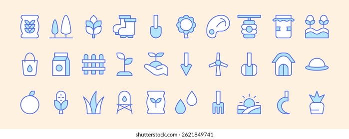 Variety Of Farming Icons Representing Agriculture Concepts Such As Planting Harvesting And Rural Landscapes In A Simple Blue Outline Style