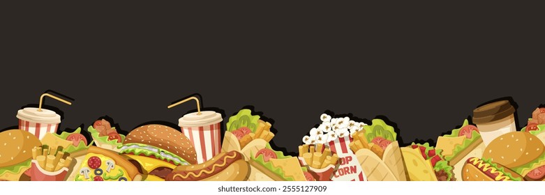 Variety of fast food items on a dark background. Vector illustration