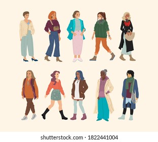 Variety of female characters. Different races and nationalities of women. A set of characters. Banner design, people illustration.