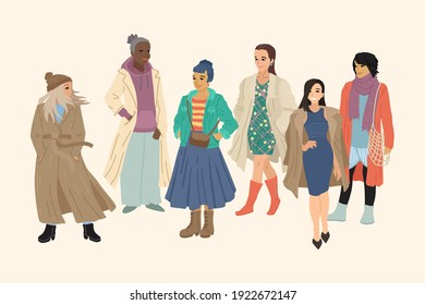 Variety of female characters. Different races and nationalities of women. A set of characters. Banner design, people illustration.