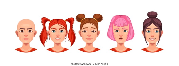 Variety Of Female Faces With Diverse Hairstyles And Expressions. Cartoon Vector Set Features Different Emotions