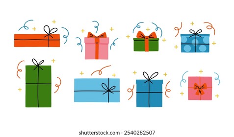 Variety of Festive Gift Boxes Collection. A set of 8 unique, stylish gift boxes with various ribbons and bows, perfect for holiday events, sales, and celebratory themes
