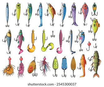 A variety of fishing lures in bright colors and different shapes are arranged neatly against a white background. Each lure features sharp hooks for successful fishing.