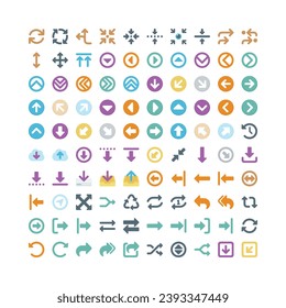 A variety of flat design arrows icons on a white background. There are arrows pointing up, down, left, right, and diagonally