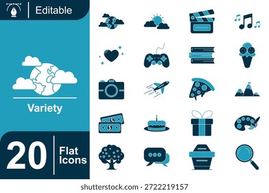 Conjunto de iconos planos de Variedad con estilo de vida, entretenimiento, comida, viajes y símbolos de comunicación. Diseño plano limpio con Formas sólidas, adecuado para App, interfaces de Web y presentaciones.