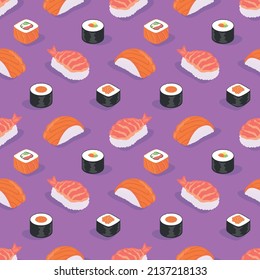 VARIETY OF FLAT JAPANESE SUSHI SEAMLESS PATTERN IN PURPLE BACKGROUND.