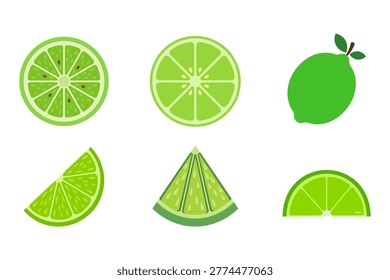 Variety of flat lime icons including round slices wedges and whole fruit with leaf.