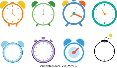 Variedade de relógios de alarme de estilo plano e ícones de cronômetro em cores vibrantes - design de vetor para aplicativos de gerenciamento de tempo e agendamento