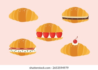 Variety flavours Shio pan Japanese salted roll bread. plain, red bean and butter, strawberry, bacon and cream cheese, cherry. vector illustration
