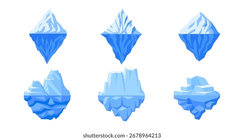 Variety of floating icebergs in flat design with detailed geometric shapes