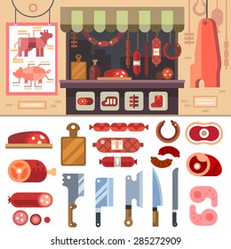 Variety of food in the butcher shop, delicious meat products for sale. Steaks and sausages. Scheme butcherin. Knife Set Vector flat illustration