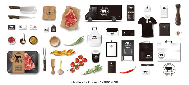 Una gran variedad de platos en la carnicería. Restaurante Brand Identity conjunto aislado. Marcar elementos de embalaje para tienda de carne, cafetería o steak house. comida de supermercado a empacar. Vector