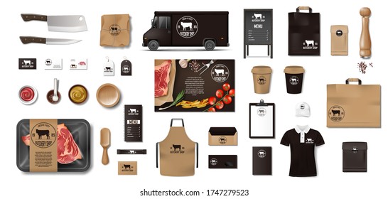 Variety of food in the butcher shop. Restaurant Brand Identity mockup set. Branding packaging elements meat, steak, uniform, menu, delivery van, knife, supermarket food in pack. Vector