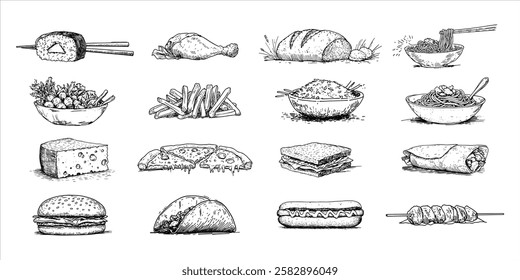 variety of food dishes collection black vector decorative sketch