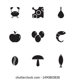 Variety of food icon set. crab, cheese, chicken thigh, apple, eggs, shrimp, coffee bean, mushroom, fish icons black and isolated vector illustration
