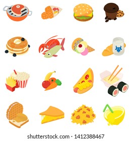 Variety of food icons set. Isometric set of 16 variety of food vector icons for web isolated on white background