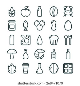 Variety of food icons set in thin line style. Black print on white background