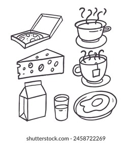 A variety of food items are depicted in this drawing, along with Serveware, Font, Rectangle, Line, Cup, Art, and Drawing