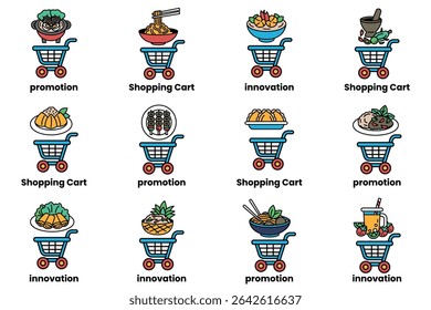 A variety of food items and shopping carts, including a promotion cart, a shopping cart, and a shopping cart with a promotion sign. The carts are filled with different types of food, such as bowls