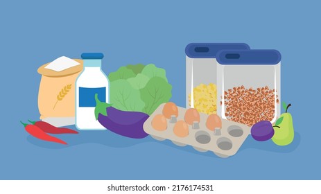 variety of food on blue background