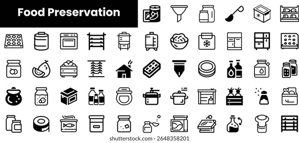 Uma variedade de ícones de preservação de alimentos, incluindo frascos, recipientes e ferramentas usados para armazenar e preservar alimentos, destacando diversos métodos e técnicas.
